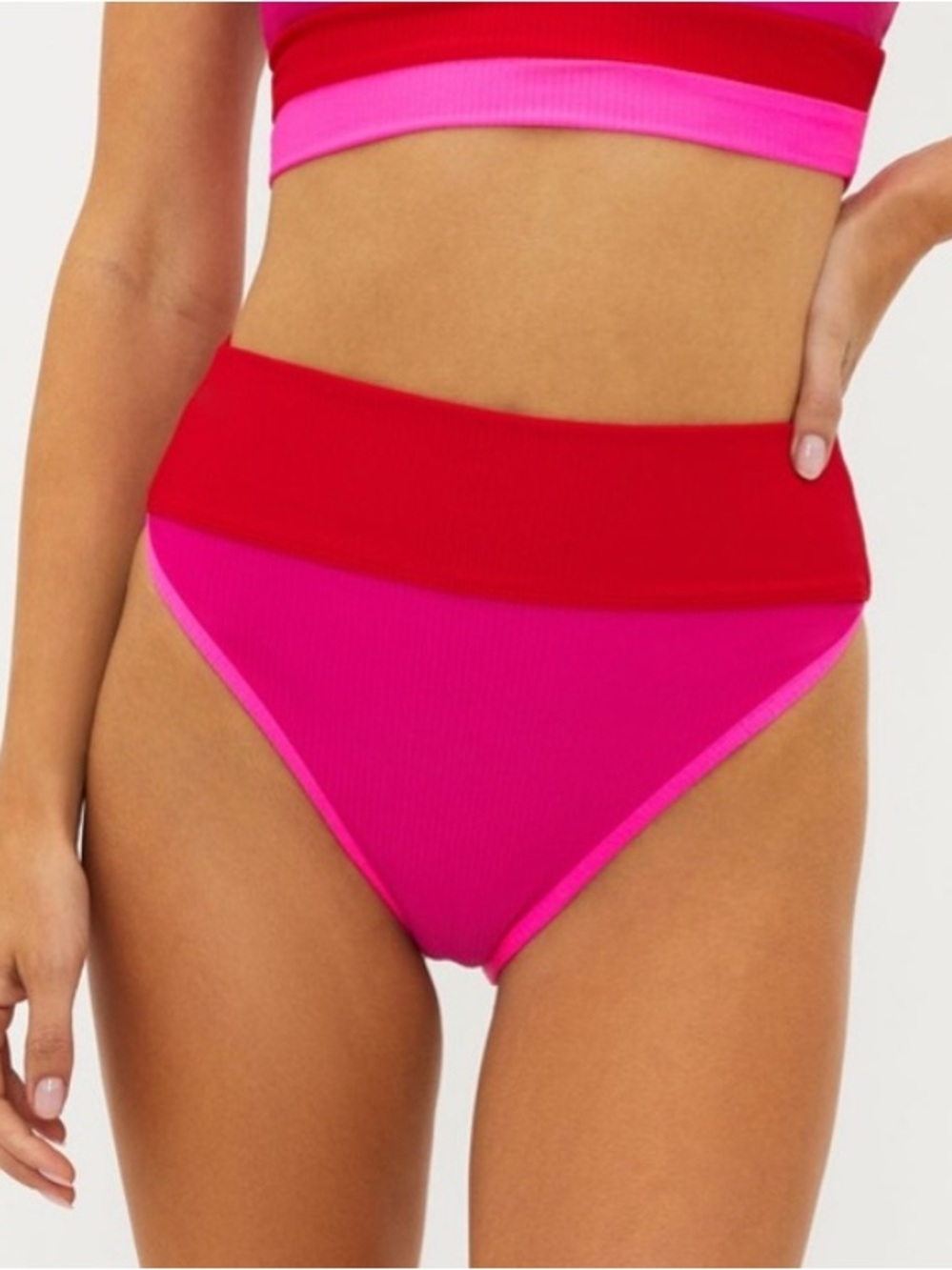 New! Beach Riot Emmy High-Waist Bikini Bottom Fuschia Red Neon Pink 34150